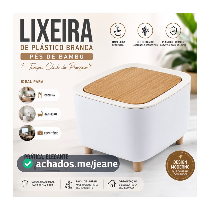 Lixeira De Plástico Branca Pés de Bambu Tampa Click de Pressão Cozinha Banheiro Escritório