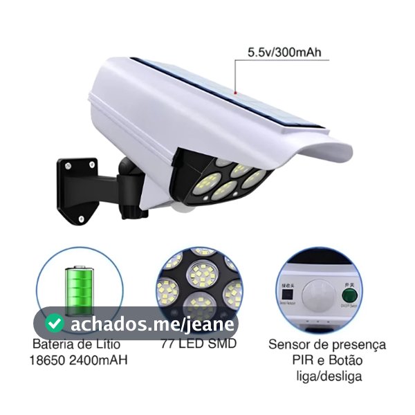 Câmera Falsa Solar Com Sensor Presença Com 77LEDS Antifurto Refletor