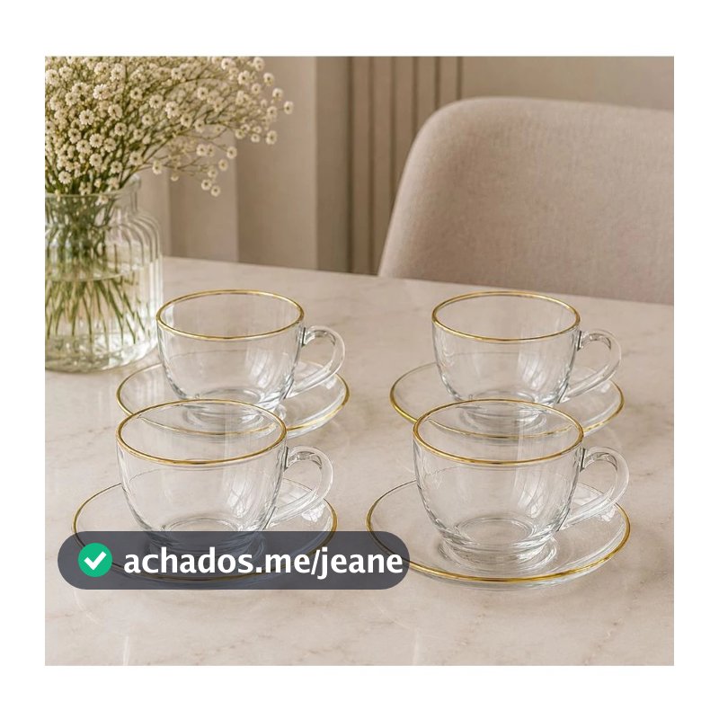 Jogo de Xicaras com 8 Peças 90ml Borda Dourada Elegante para Chá e Café