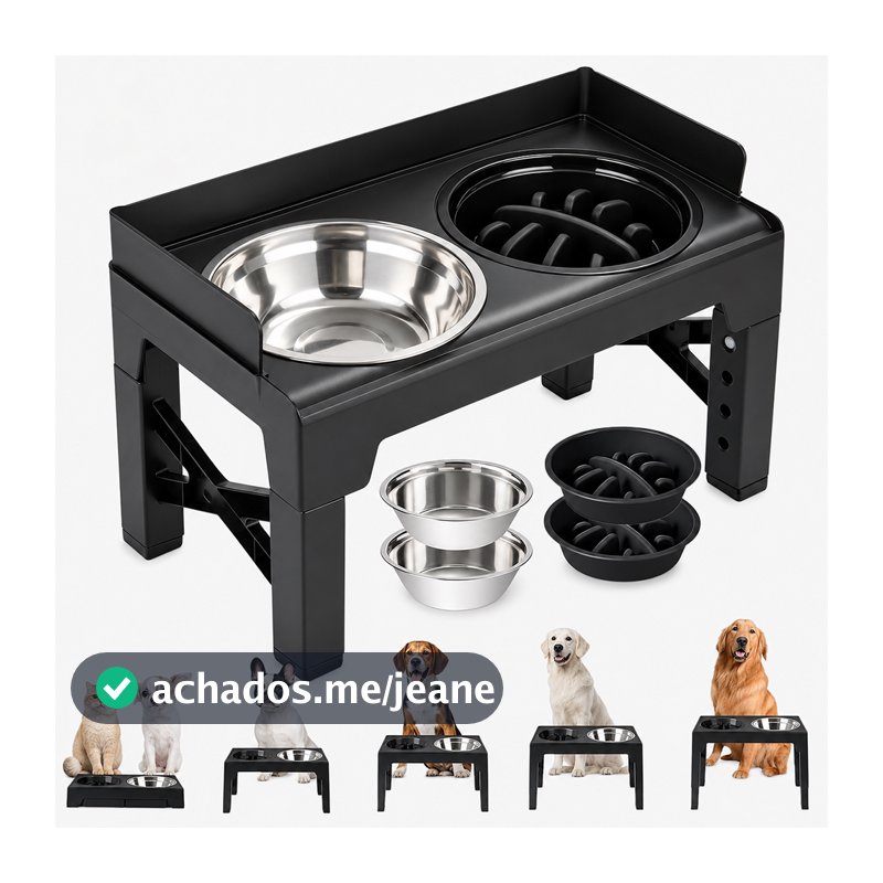 Comedouro Elevado Ajustavel para Caes e Gatos 5 Alturas com Tigelas Inox e Comedouro Lento