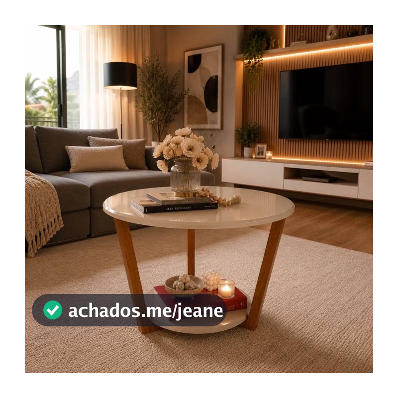 Mesa de Centro Pandora Plus Redonda Moderna com Prateleira Inferior Off White