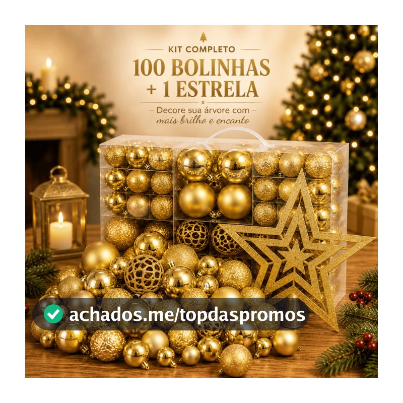 Kit 100 Bolas de Natal + Estrela para Árvore Decoração Premium Bolinhas Mistas Lisas Foscas Glitter Dourada e Vermelha