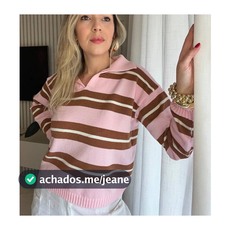 Blusa Listra Gola Polo Tricot Modal Feminina Manga Longa