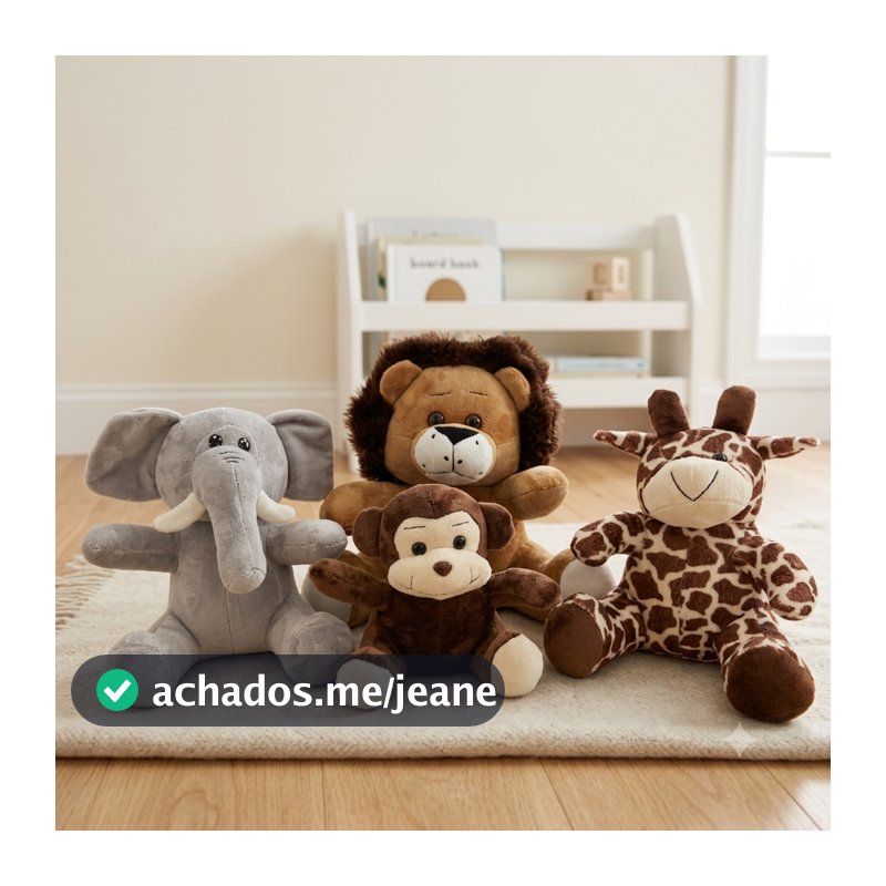 Kit Infantil com 4 Bichos de Pelúcia Safari 1 Leão 1 Girafa 1 Elefante 1 Macaco Nicho Brinquedo