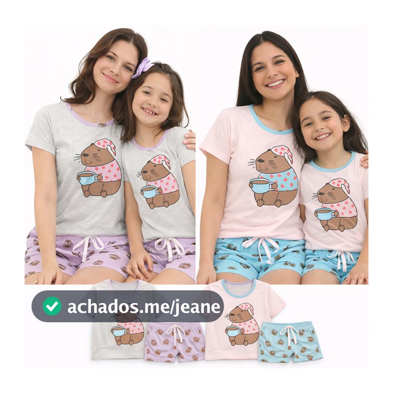 Kit Pijama Mãe e Filha Capivara Baby Doll Feminino e Infantil com Short Estampado em Malha Confortável
