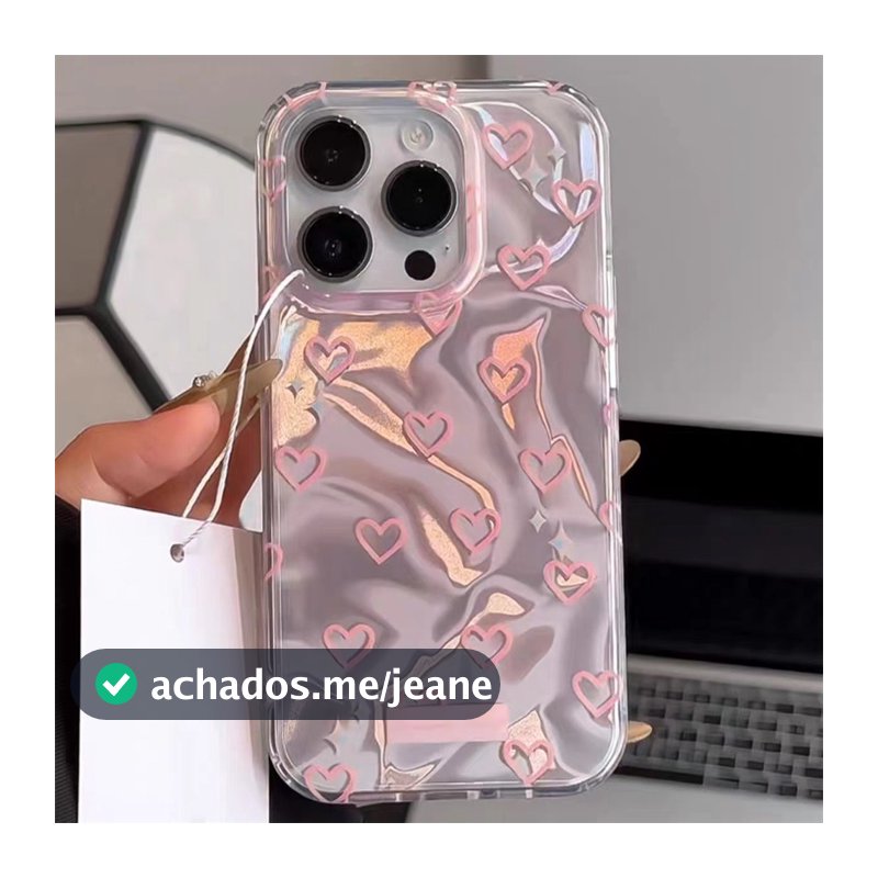 Capa Holográfica Coração Rosa Para iPhone 15 14 13 12 11 Pro Max Silicone Anti Queda