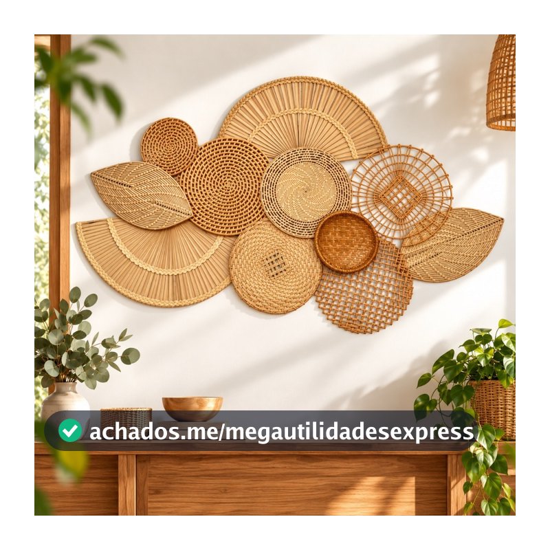 Composição de Parede Camomila Cestos Palha Decoração Sala Quarto