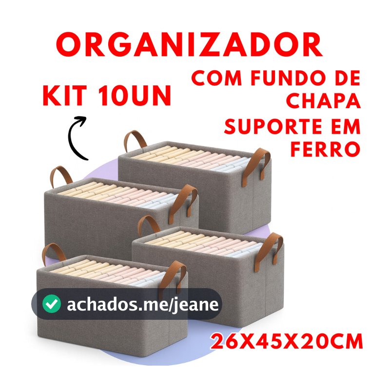 KIT 10 Unidades Organizador 26x45x20cm Fundo Firme Com Suporte De Ferro Para Roupas Objetos Multiuso