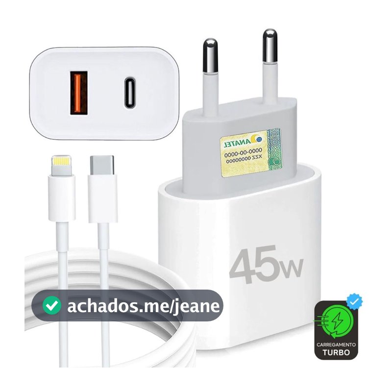 Carregador Iphone Turbo Fonte 45W 2 Entradas USB e USB-C + Cabo Tipo-C-Lightning Rápido Iphone 6 7 8 X XR XS 11 12 13 14