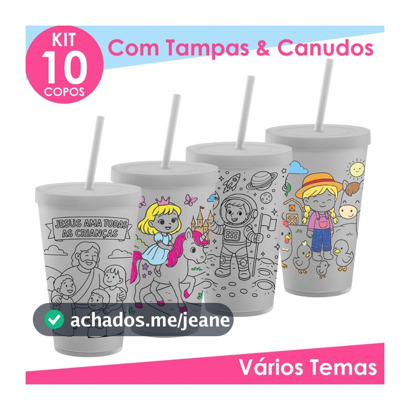 Copo de Colorir  Pintar 10un Com Tampa e Canudo Vários Temas Lembrancinha Aniversário Crianças 10Un