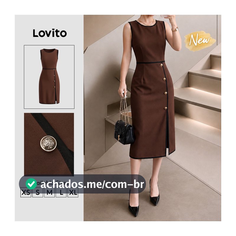 (New Arrival) Lovito Vestido Marrom Feminino Para Trabalho Linha a até O Joelho botões Fenda E Acabamento Contrastante DRB204P1D316