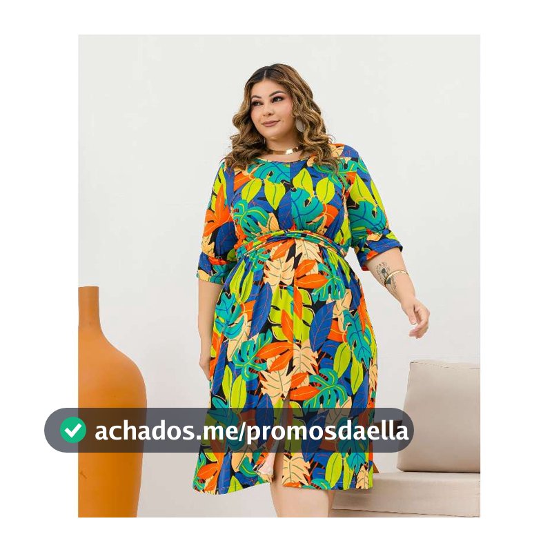 Vestido Feminino Midi Estampado Tropical Plus Size Manga 3/4 Soltinho Casual Evangélico Cintura Marcada Moda Verão