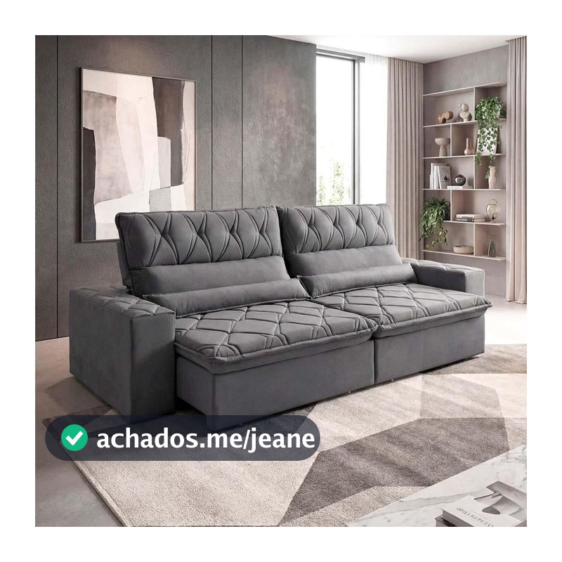 Sofá Retrátil/Reclinável França 3,00m Suede Velut Cinza c/ Molas no Assento - King House
