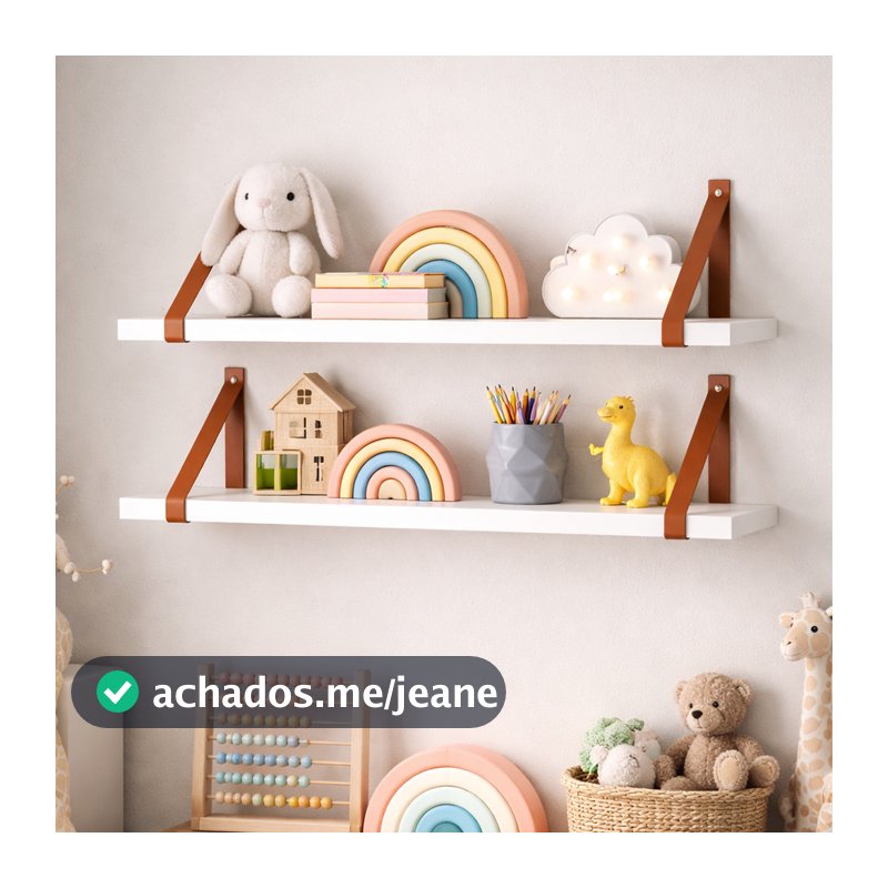 Prateleiras MDF Para Quarto Decoração Branca Premium 60x15 cm Com Alças de Couro