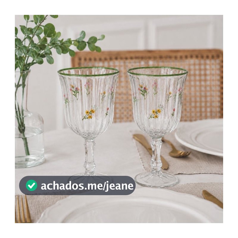 Kit 2 Taças Florence Wolff 230ml Vintage Floral Borda Verde | Taça de Vidro Elegante Mesa Posta