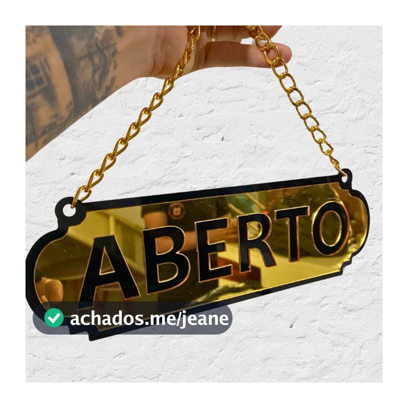 Placa Dupla Face Aberto Fechado Acrílico Espelhado com Corrente e Ventosa