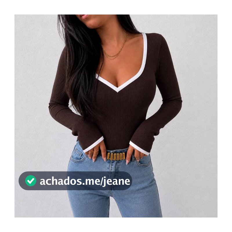 Blusa Feminina Manga Longa Canelada Com Decote Em Coração Elegante Decote Em V Bicolor Blusinha
