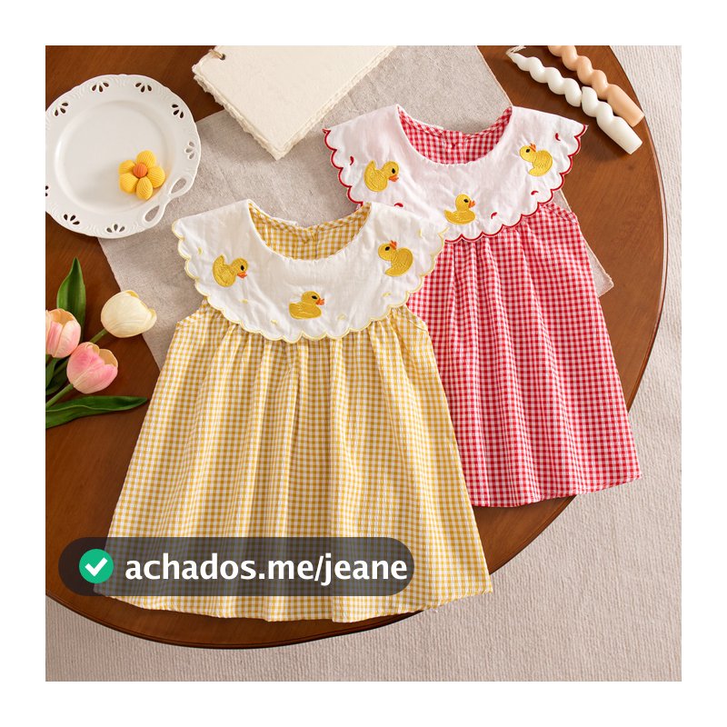 Vestido Xadrez Amarelo Para Menina , Pato Fofo , Bordado , Gola De Boneca , De Algodão , Roupas De Bebê