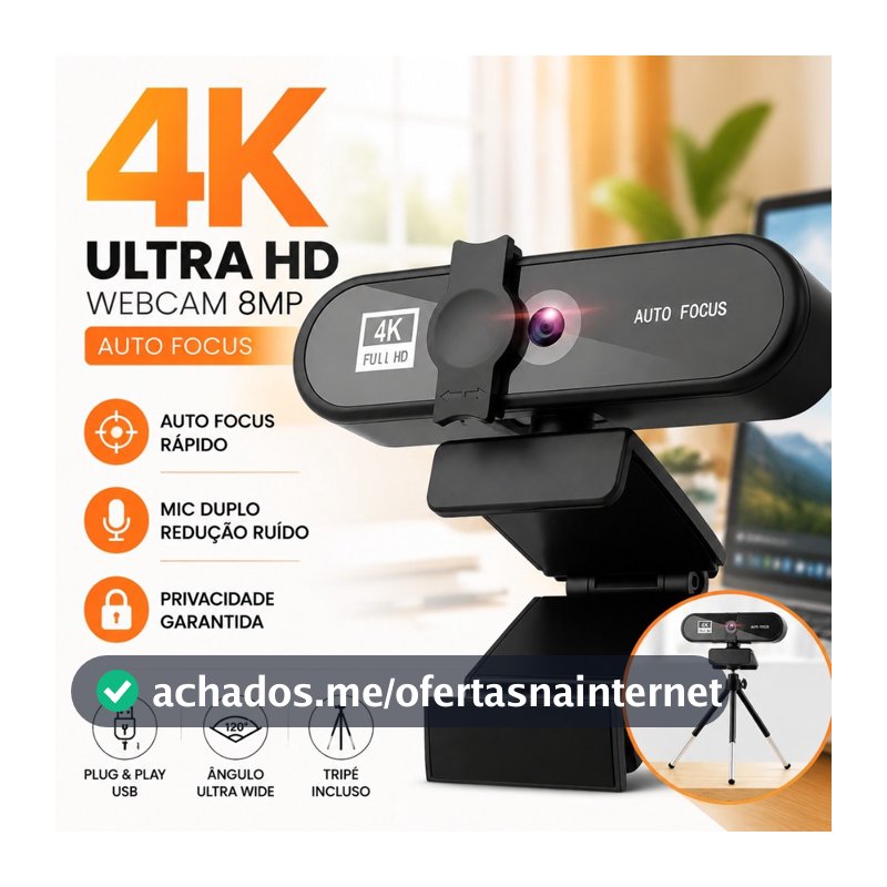 Webcam 4K Ultra HD Auto Focus 8MP com Microfone Tripé e Protetor de Privacidade Câmera PC Notebook