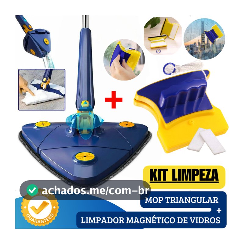 Mop Triangular 360° + Limpador Magnético Vidros Kit Limpeza Chão Teto Banheiro Janela