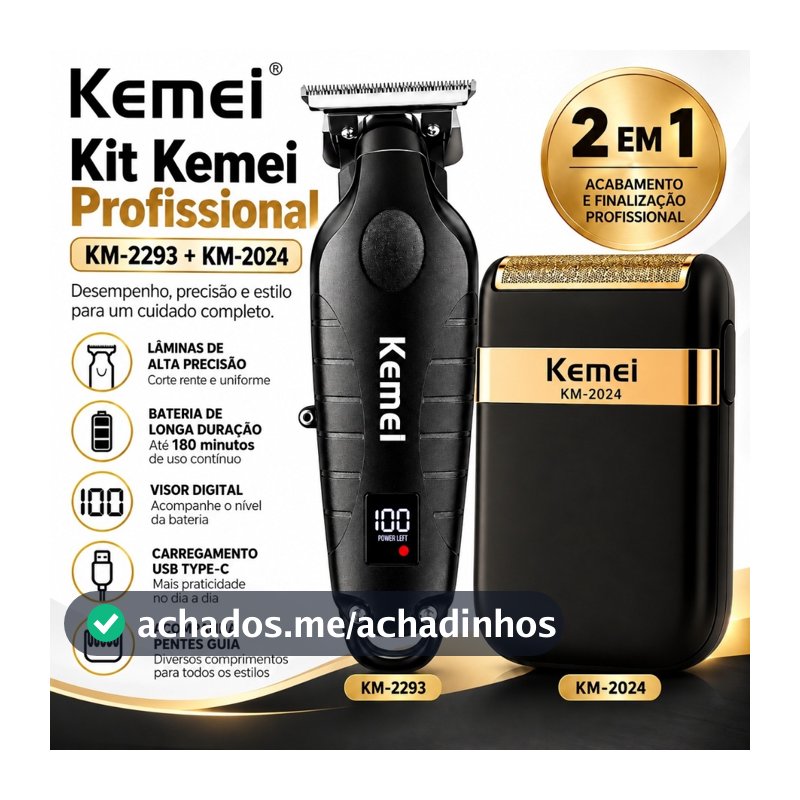 Kit Kemei Profissional Máquina 2293 + Shaver 2024 USB Recarregável Corte Cabelo Barba Barbeiro