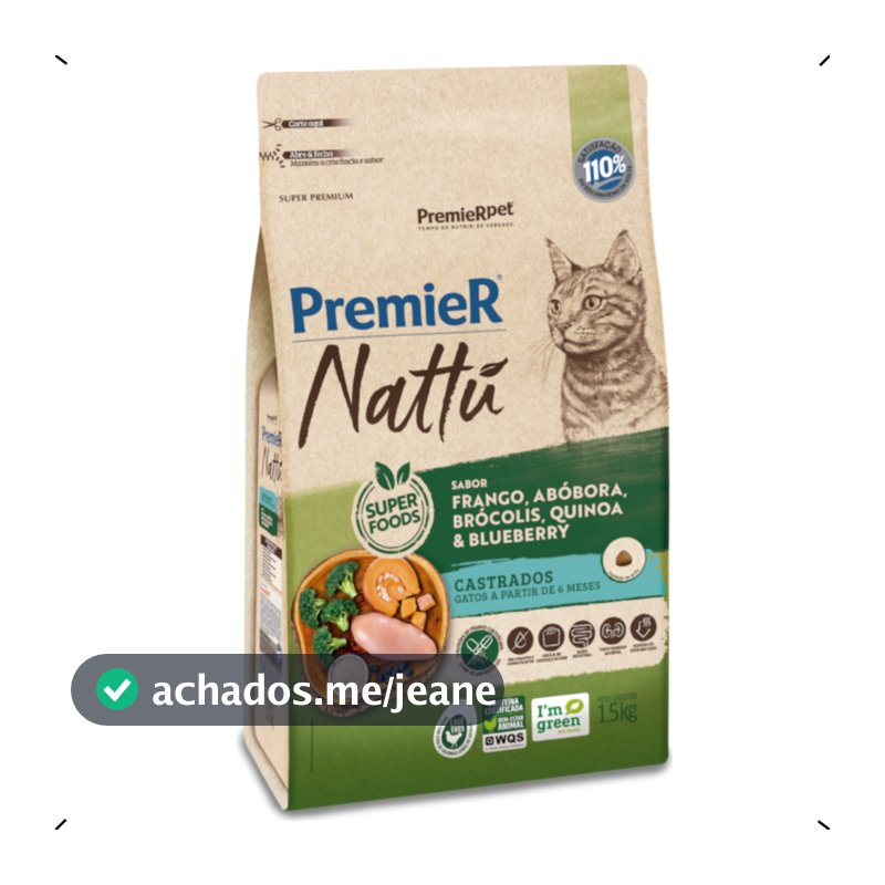 RAÇÃO PREMIER NATTU GATO CASTRADO ABOBORA 7,5KG