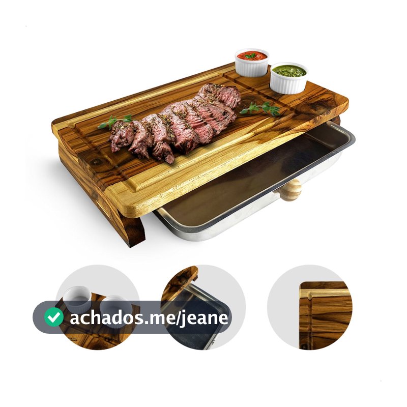Tábua de Churrasco Inteligente para Cortar Carne com Bandeja e 2 Ramekins 39 x 23 cm