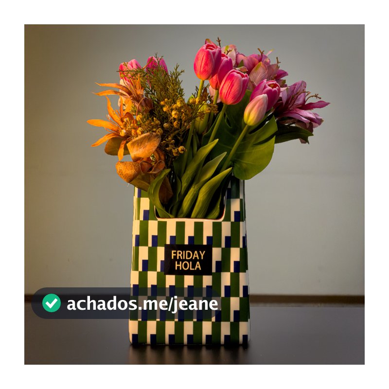 Vaso Cerâmica Bolsa Xadrez Verde Azul  Decorativo Luxo