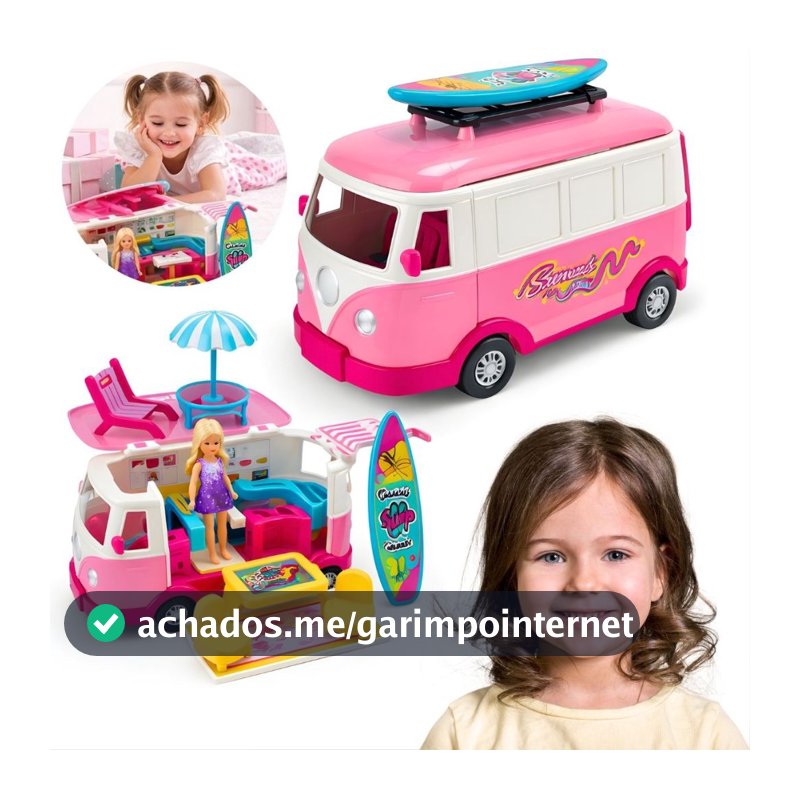 Brinquedo Carrinho De Boneca Rosa de Menina Com Boneca e Acessórios Kombi Rosa Travel Holiday
