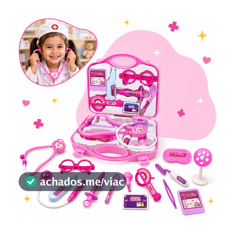 Kit Médico Maleta Doutor Maletinha Brinquedo Infantil Educativo Profissão Rosa Completo Kizumba