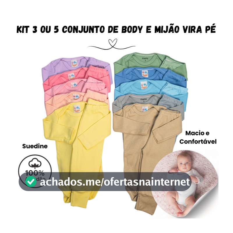 Kit 6 ou 10 Peças Body Manga Longa + Mijão Vira Pé Bebê Algodão | Enxoval Maternidade Menino/Menina