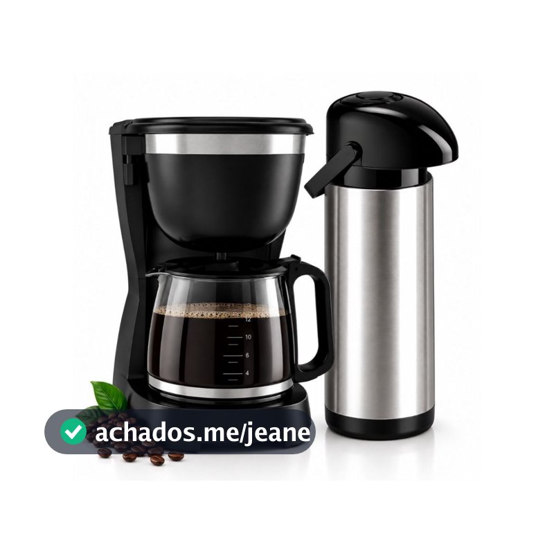 Kit Cozinha Cafeteira Elétrica 1,2L 127V + Garrafa Térmica Inox Preta 1L para Café Chá Quente Não Esfria