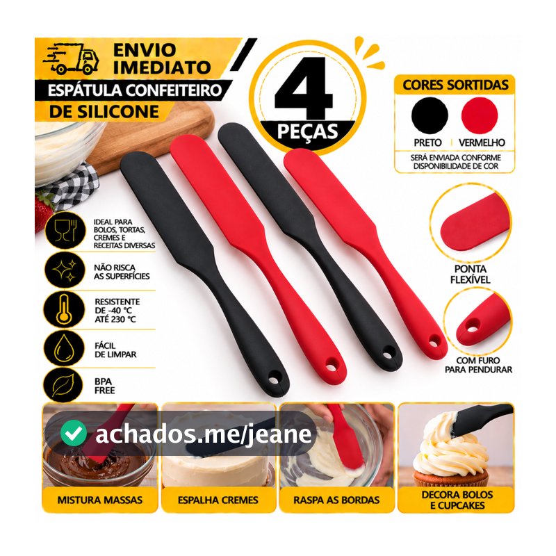 Kits 4 ou 2 Espátula de Confeiteiro Silicone Vermelha ou Preto Utensílio para Bolos Sobremesas