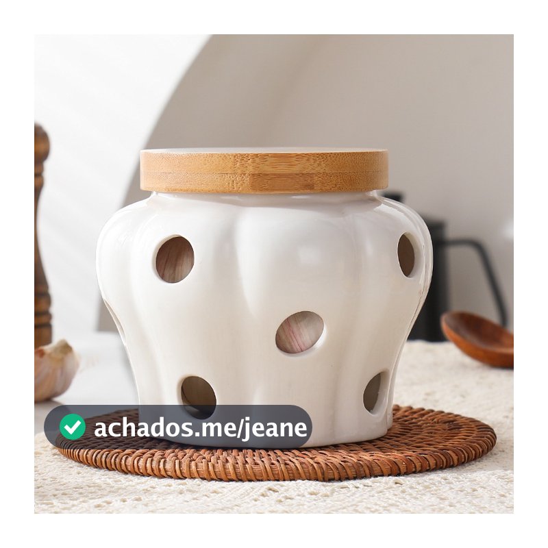 Porta Alho Porcelana Ceramica Branca Com Tampa Bambu Porta Condimentos Decoração Cozinha