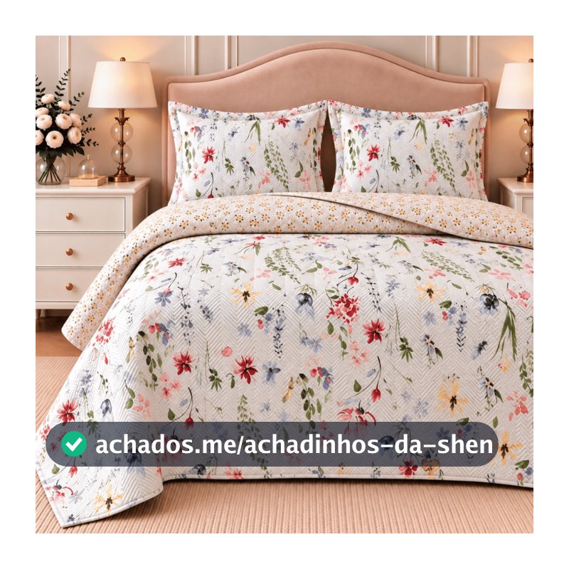 Kit Colcha Cobre Leito Casal Queen King Dupla Face Floral Estampada Matelada Boutis Super Macia