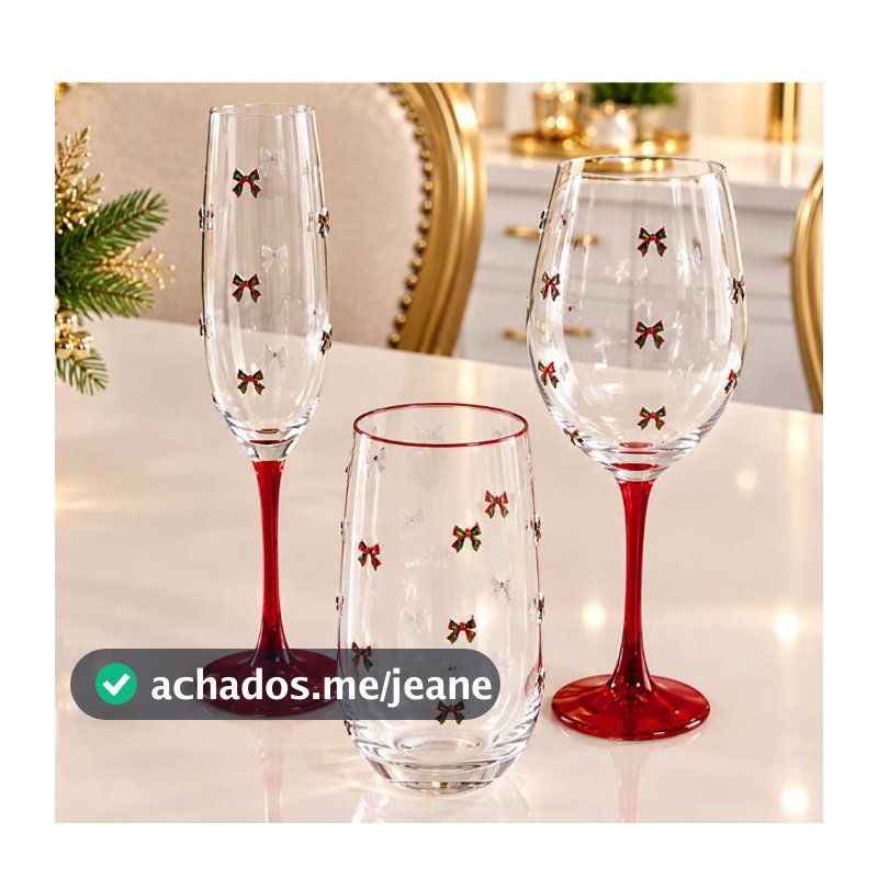Taças e Copos Luxo Natalinos com Laços Haste Vermelha | Champanhe 190ml, Vinho 600ml e Copo Long Drink 520ml Cromus