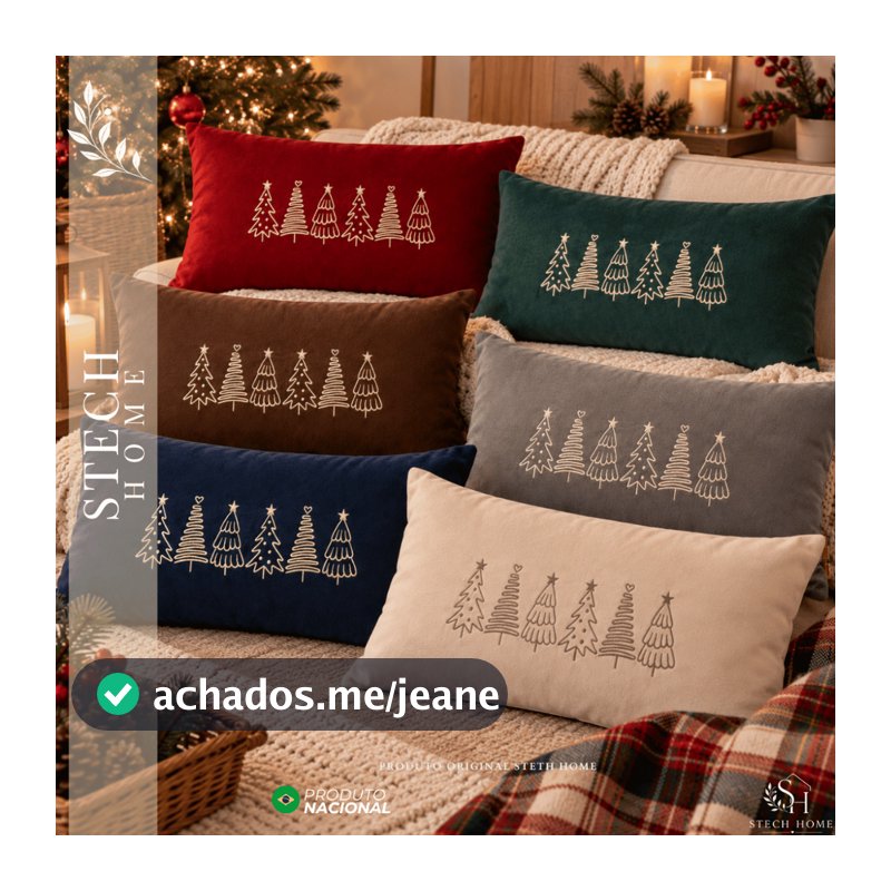 Almofada de Natal Bordada 50x30cm em Suede ou Percal – Baguete Decorativa Natalina Árvore de Natal