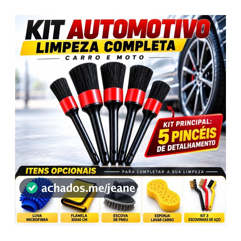 Kit Automotivo com 5 Pinceis e Acessorios Variados para Limpeza Carro Moto Detalhamento