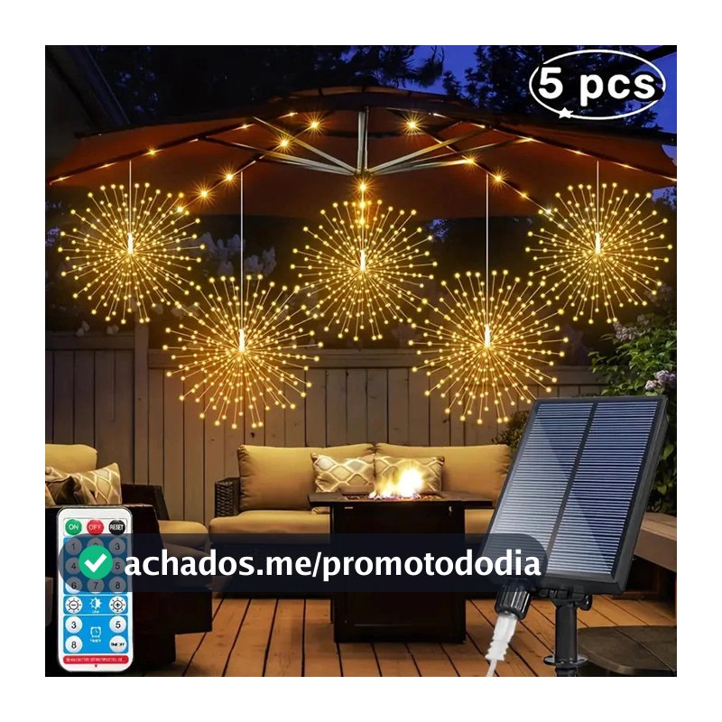 Kit 5 Luzes LED Solares Efeito Fogos de Artifício | 450 LEDs com Controle Remoto | Decoração de Natal e Festas