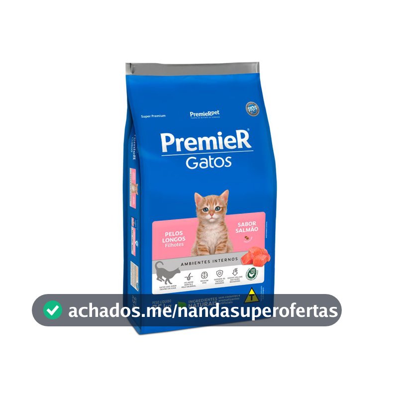 Ração Premier Ambientes Internos Gatos Filhotes Pelos Longos Sabor Salmão 7,5kg