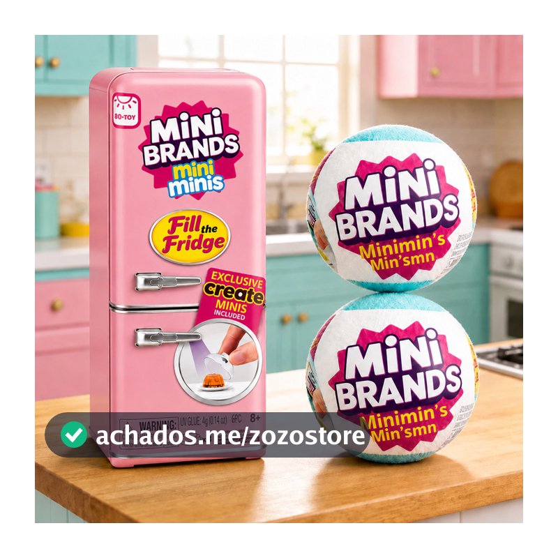 Mini Geladeira Fill The Fridge com 2 Bolas Mini Brands Surpresa Colecionável Rosa Azul ou Aleatória