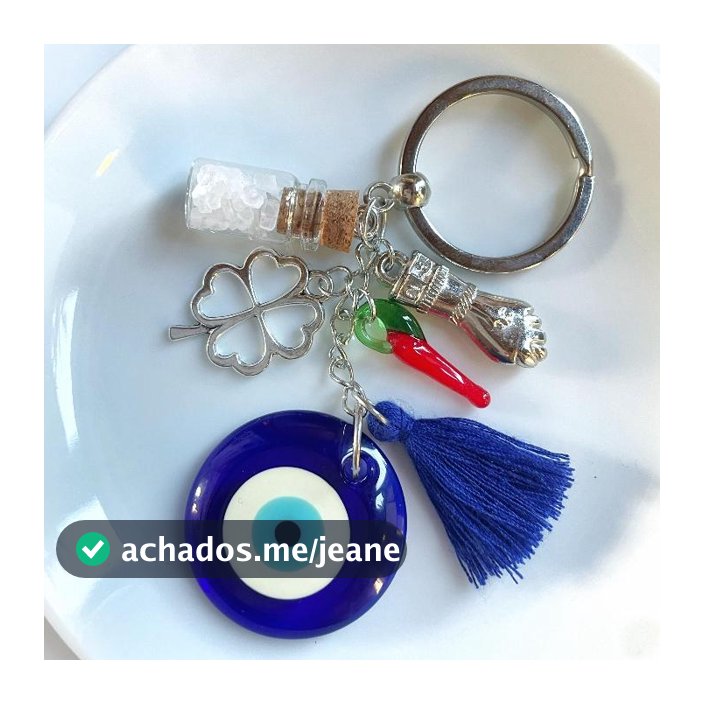 Olho Grego Chaveiro Amuletos Patuá de Proteção com Sal Grosso, Pimenta, Figa e Trevo de 4 Folhas