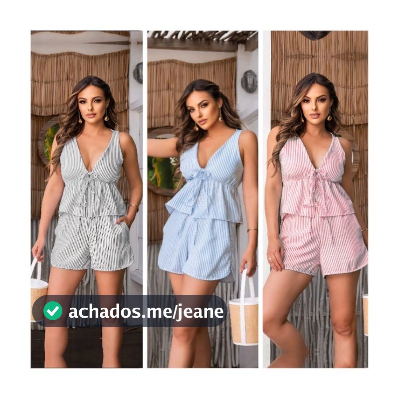 Conjunto Listrado feminino cropped babado amarrar short soltinho