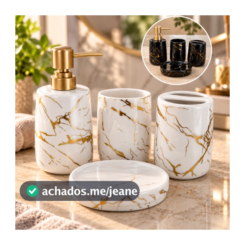 Conjunto de Banheiro em Ceramica - 4 Pecas Branco/Dourado  Preto/Dourado