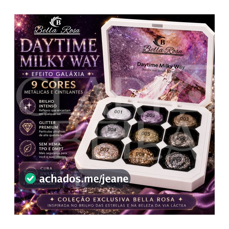 Gel UV LED Bella Rosa Daytime Milky Way 9 Cores Glitter Galáxia Metálico Sem HEMA Nail Art Profissional