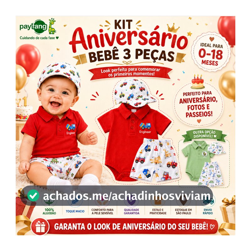 Conjunto Bebê Menino 3 Peças Body Polo Shorts Boné 100% Algodão 0 a 18 Meses Estampa Carros