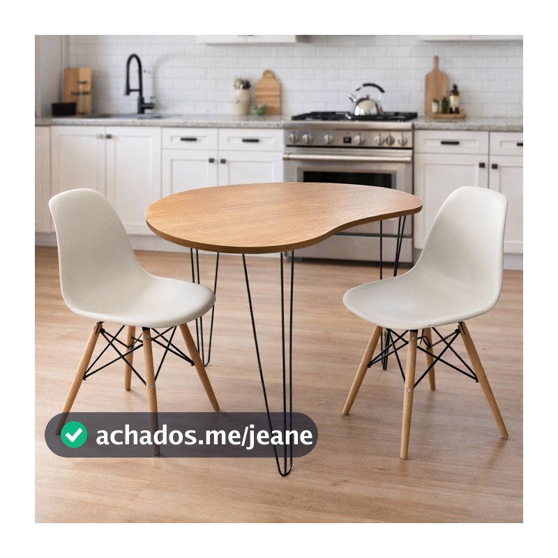 Mesa de Jantar Orgânica 2 Lugares 90x60 Compacta Cozinha Pequena Apartamento Pés Agulha em Aço Madeira Ecom