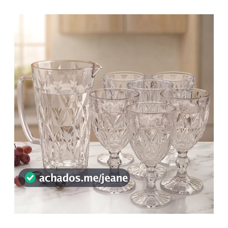 Kit Jarra Diamond 1,2L + 6 Taças Diamond de Vidro Conjunto para Água, Suco e Drinks