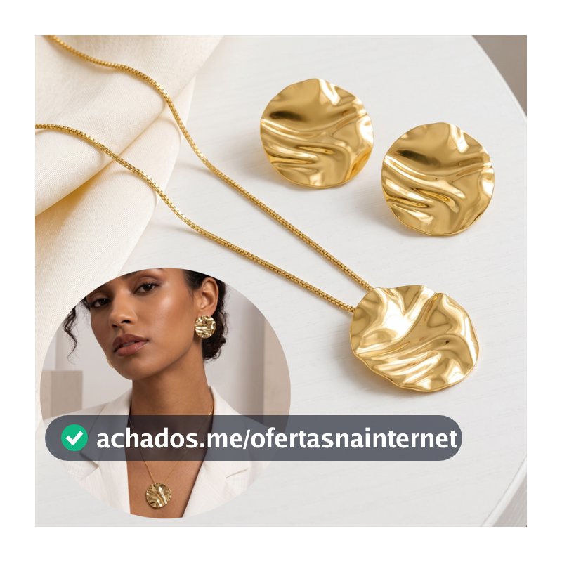 CONJUNTO BRINCO E COLAR REDONDO AMASSADO BANHADO A OURO