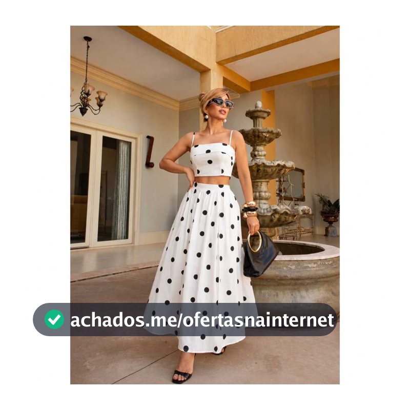 Conjunto Feminino 2 Peças Top Cropped de Alça e Saia Midi Evasê Rodada Poá Estilo Francês Vintage Verão